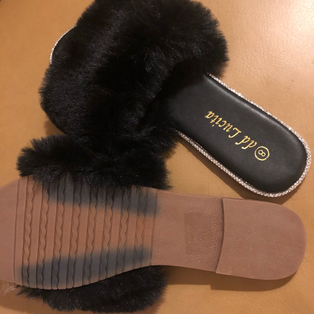 Black Fury Faux Slippers